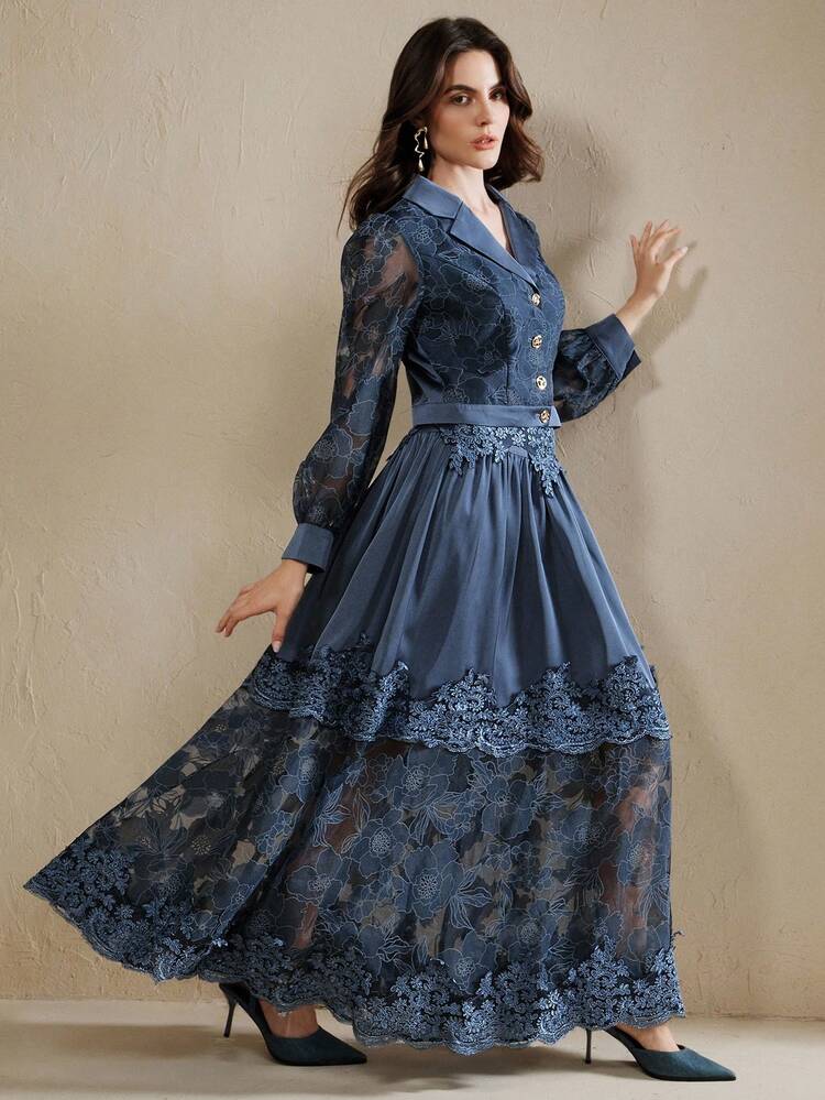 2pcs Women Set: Navy Blue Floral Print Sheer Long Sleeve V-Neck Blouse & Full Flared Skirt, Spring & Summer