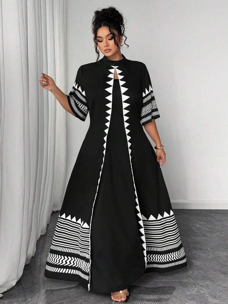 SHEIN Elenzya Vestido de talla grande con estampado y cordones, 2 en 1 - Negro - Añade 4