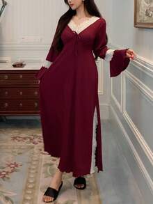 DAZY Charmantes Kontrast-Farben Spitzen-Stich gestricktes Taillenbund Weite Ärmel Lange Damen Nachthemd, Herbst Pyjama Weihnachten - Bordeaux - Übersicht 4