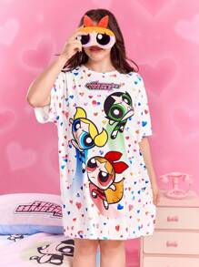 THE POWERPUFF GIRLS X SHEIN 大码女装夏秋Y2K清新修身可爱梦幻复古休闲度假风返校服学院风卡哇伊街头风宽松白色花朵、泡泡、毛茛图案爱心印花圆领短袖睡裙，哞哞睡衣 - 白色 - 查看 6