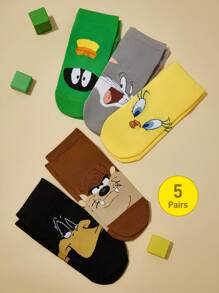 LOONEY TUNES X SHEIN 5 đôi tất cổ ngắn mềm mại, thoáng khí, thấm hút mồ hôi, họa tiết hoạt hình Tweety & Sylvester & họa tiết thời trang, dễ thương, nhiều màu sắc, mũi và gót được gia cố, bền chắc, phù hợp cho cả nam và nữ, mọi mùa, phù hợp với mọi phong cách. - Nhiều màu - Xem 2