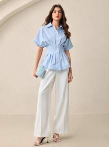 BizChic 女士蓝领腰部条纹束腰前扣肩袖衬衫衬衫，基本款城市通勤简约优雅时尚商务休闲，适合办公室、教师、婚礼嘉宾、音乐会 - 藍色 - 查看 2