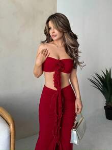 Jemour 夏季假日风格露肩开叉连衣裙和上衣两件套女士套装，非常适合约会 - 紅色 - 查看 6
