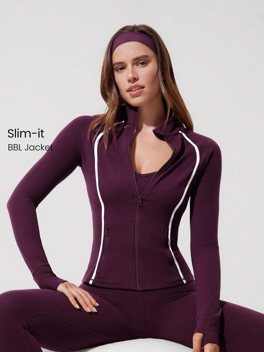 GLOWMODE Chaqueta con cremallera de manga larga FeatherFit™ Slim-It Streamline Performance con bolsillos seguros, para yoga de bajo impacto y uso diario en otoño - cola de cereza - Ver 1