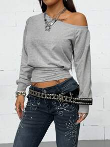 Coolane Women's Fall Y2K Streetwear Casual Going Out Minimalist Daily Wear Essentials Fashion Asymmetrical Neck Grey Fitted Sweatshirt - Grey - View 6