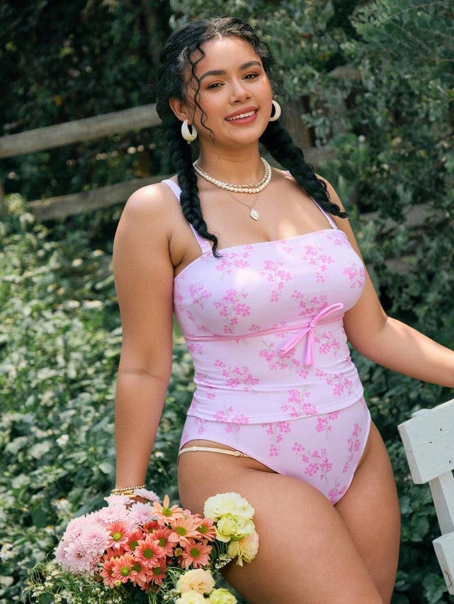 Đồ bơi Tankini hở vai họa tiết hoa ngọt ngào dành cho nữ cỡ lớn Swim Mod, Xuân/Hè - Hồng - Xem 1