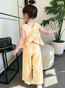 SHEIN 女童黄白条纹背心，休闲韩版设计套装，女童夏季两件套，黄色条纹两件套，女童夏季服装 - 彩色 - 查看 1