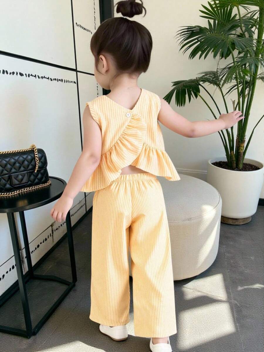 SHEIN 女童黄白条纹背心,休闲韩版设计套装,女童夏季两件套,黄色条纹两件套,女童夏季服装 - 彩色 - 查看 1
