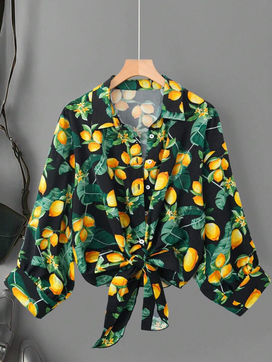 SHEIN LUNE 加大码女式水果柠檬印花简约日常长袖衬衫，夏季度假海滩节系带前开襟衬衫