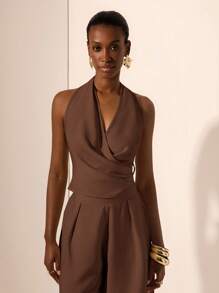 Zivah 2025 春夏新款音乐节、复活节、圣帕特里克节、西部风格、游牧风格、生日、毕业典礼、学院风、学生装、日常休闲、基本百搭、休闲、度假、邮轮旅行、海滩、日光浴、病毒式传播、街头风格、婚礼宾客波西米亚风、通勤、早午餐、机场装 - 杏色吊带交叉系带上衣和阔腿亚麻裤 2 件套 - 棕色 - 查看 5