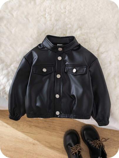 SHEIN Baby Boy/Girl Casual Fashionable Leather Lapel Black Jacket, Suitable For Christmas Party, Autumn/Winter