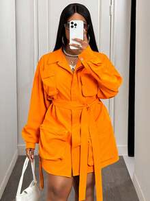 Slaydiva Áo khoác công sở/giải trí cổ điển kiểu phương Tây cổ điển thu đông 2025 mới, cỡ lớn dành cho nữ, tay dài, có cổ, vai trễ, nhiều túi, có thắt lưng, áo khoác tiện dụng màu cam mùa thu - trái cam - Xem 7