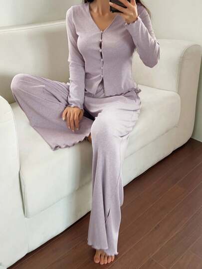 DAZY Women's Simple & Soft Knit Pajama Set, Fall Clothes, Cozy Outfits