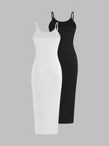 SHEIN Unity Vestido largo con tirantes finos de un solo color de uso diario con corte ajustado para mujeres - Multicolor - Ver 2