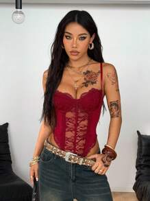 Coolane Women's All-Season Festival Club Outfits Sexy Y2K Music Festival Lace Red Slim Fit Bodysuit Women Lace Bodysuit - Burgundy - View 4