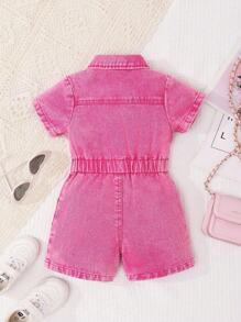 SHEIN Baby Girls' Fashionable Soft Washed Sleeveless Jumpsuit Shorts, Casual Vacation Street , Pink, Lightweight Summer - Pink - View 2