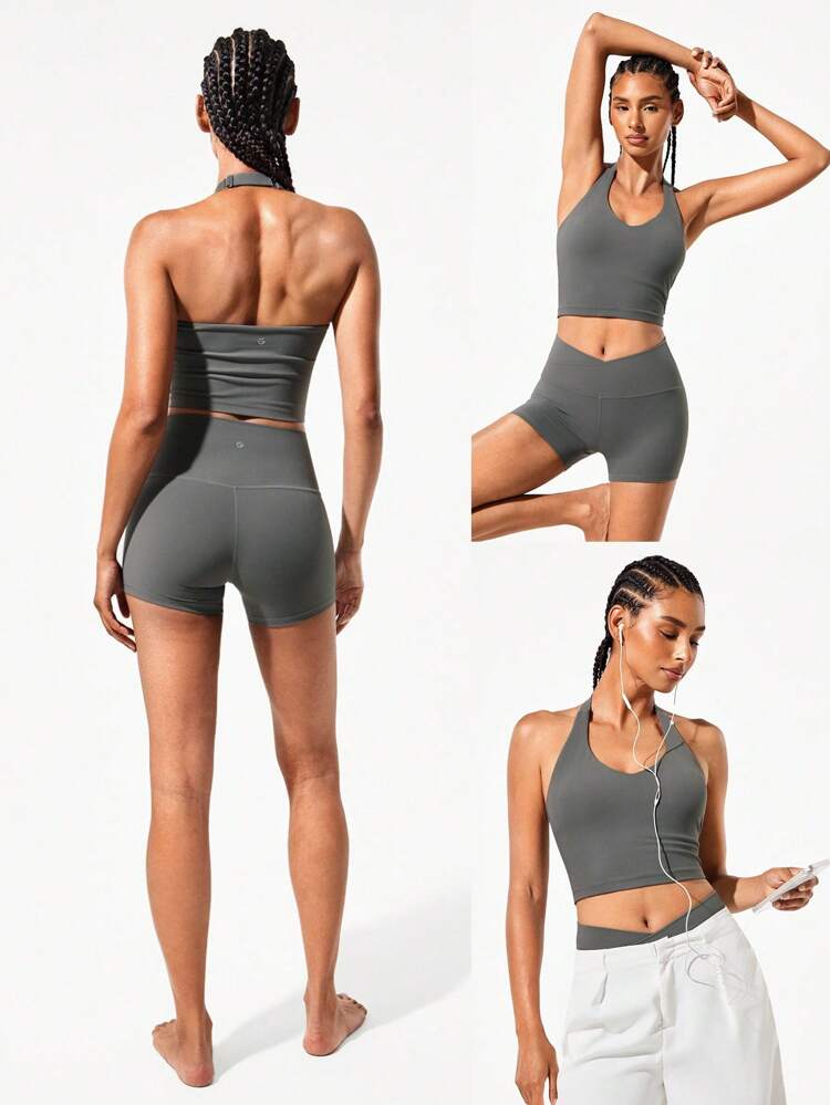 FeatherFit™ Double Time Adjustable Halter Sports Bra Tank Top Light Support Low Impact Yoga Pilates Daily Spring Summer