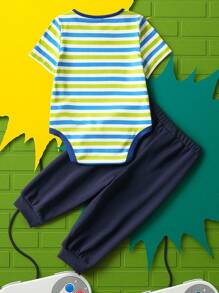 TEENAGE MUTANT NINJA TURTLES | SHEIN 男婴卡通条纹图案短袖连体衣和运动裤套装 - 彩色 - 查看 2