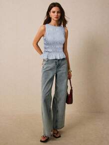 Poéselle 女士纯色荷叶边圆领优雅时尚吊带背心 - 藍色 - 查看 5