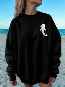 Muchica 休闲简约假日海滩鲨鱼图案印花圆领宽松女式运动衫 - 黑色 - 查看 2