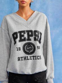 PEPSI X SHEIN 女式字母图案V领休闲长袖运动衫 - 灰色 - 查看 7