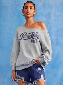 PEPSI X SHEIN 女士休闲日常字母印花斜肩卫衣