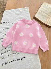 SHEIN LMoss Kids LMoss 女婴可爱百搭紫色花卉图案长袖毛衣，秋冬款 - 粉色 - 查看 2