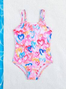 Baby Girls' Heart Print One-Piece Swimsuit, Cute For Swimming & Holiday