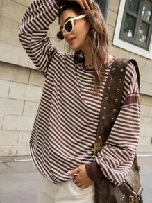 Bohemela 大码女式条纹圆领落肩长袖休闲T恤