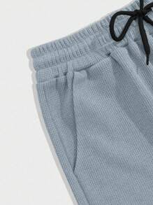 EURMUSE 100%Cotton Men Waffle Fabric Letter Printed Regular T-Shirt & Short Set - Baby Blue - View 8