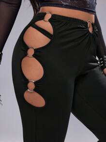 Whyspr 大码女式圆链装饰镂空修身打底裤 - 黑色 - 查看 6