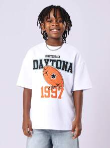SUMWON Football Varsity Streetwear T-Shirt And Denim Shorts Co-Ord Set For Boys With Distressed Print Design And Classic Retro Summer Look - Multicolor - View 3