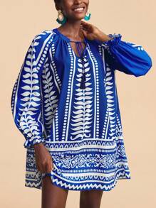 Travachic Women's Royal Blue Autumn Boho Vacation Holiday Plant Graphic Tassel Tie Neck Raglan Sleeve Loose Mini Shift Printed Tunic Blue And White Dress - Blue - View 6
