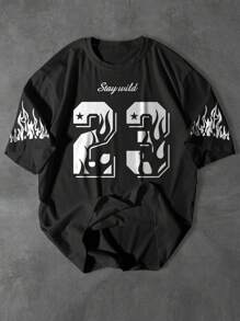 Manfinity EMRG Áo thun nam cổ tròn tay ngắn in hình ngọn lửa và chữ số, thoải mái, năng động cho mùa hè - màu đen - Xem 1