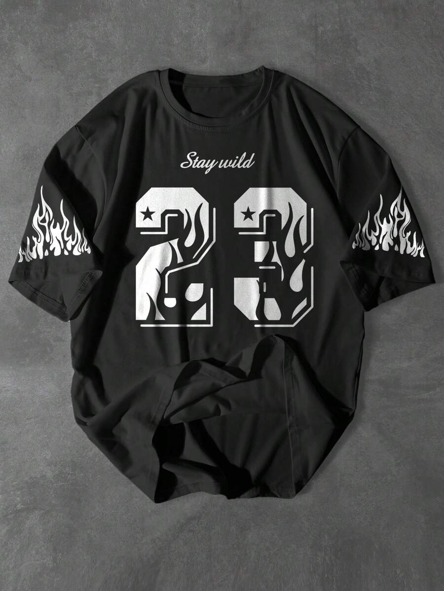 Manfinity EMRG Áo thun nam cổ tròn tay ngắn in hình ngọn lửa và chữ số, thoải mái, năng động cho mùa hè - màu đen - Xem 1