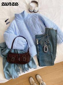 少女棉袄，休闲百搭，蓝白条纹短款棉袄，秋冬 - 藍色 - 查看 3