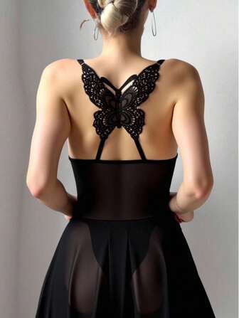 Fairycore Conjunto de camisón y bata sexy de mujer con parches de encaje y malla, con diseño de mariposa soluble en agua estilo "Fairycore"