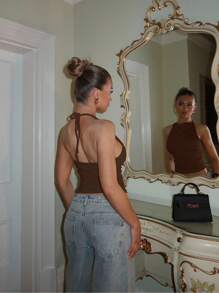 Glamine 1pc Women's Solid Color Ruched Halter Backless Top Fall Women Clothes Back To School Halloween, Christmas - Brown - View 2