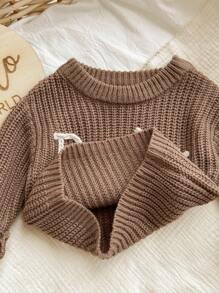 SHEIN 新生女婴休闲字母图案长袖毛衣，百搭秋冬装 - 卡其色 - 查看 8