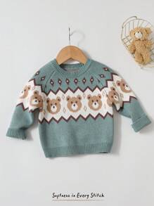 Cozy Pixies 男婴小熊几何图案圆领长袖套头毛衣，厚实柔软舒适休闲百搭 - 綠色 - 查看 11