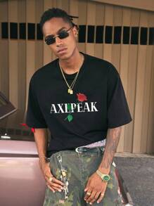 AXEPEAK Casual Rose Floral Round Neck Short Sleeve Men T-Shirt - Black - View 4