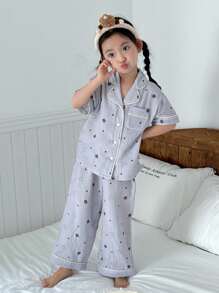 Dazy Kids Young Girl Cartoon Bear Short Sleeve Button-Up Top And Pants Pajama Set - Multicolor - View 2