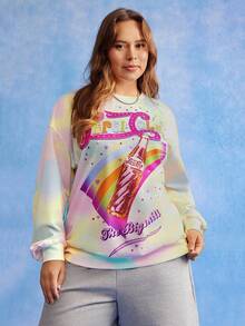 PEPSI X SHEIN 加大码字母彩虹印花圆领长袖卫衣 粉彩卫衣 彩虹卫衣 可爱卫衣 图案卫衣 - 彩色 - 查看 4