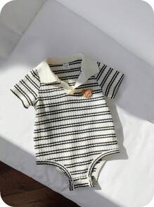 SHEIN 新生男宝宝可爱针织条纹短袖连体衣套装，夏季