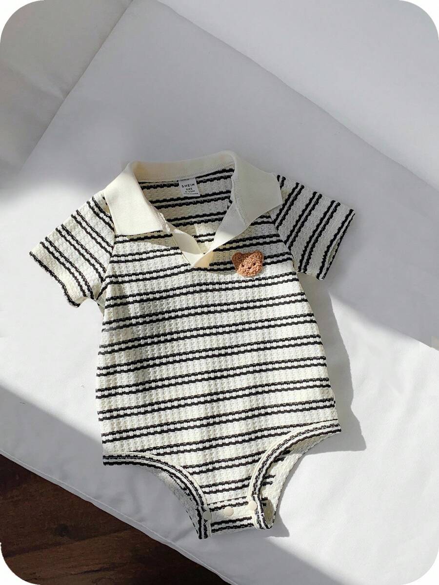 SHEIN 新生男宝宝可爱针织条纹短袖连体衣套装，夏季