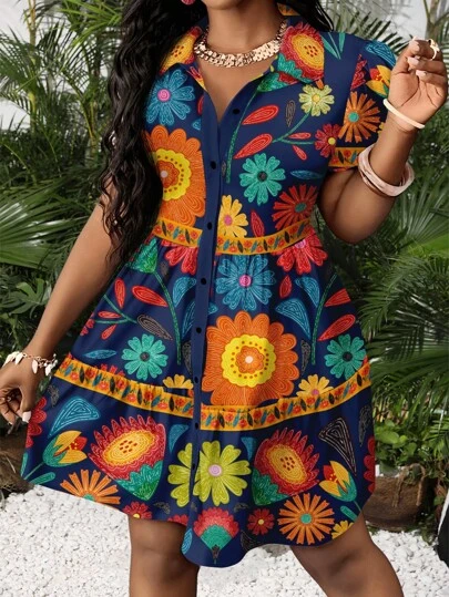 Slaydiva Vestido mini casual y vintage con estampado floral en azul marino, adecuado para el verano