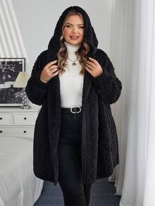 SHEIN CURVE+ Áo khoác hoodie len pha trộn họa tiết màu đen cỡ lớn dành cho nữ, dành cho mùa đông/thu/đông - màu đen - Xem 6