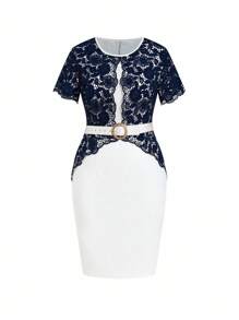 Ellevyn Đầm ren tương phản cổ tròn tay ngắn thanh lịch cho nữ cỡ lớn - Xanh và trắng - Xem 7