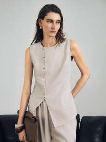 Uhlyne Uhlyne Women's Linen Asymmetrical Hem Button-Front Cardigan & Matching Pants Set,Beige,Summer,Chic,Brunch Vacation Style Solid Color Casual Work Wear - Apricot - View 5