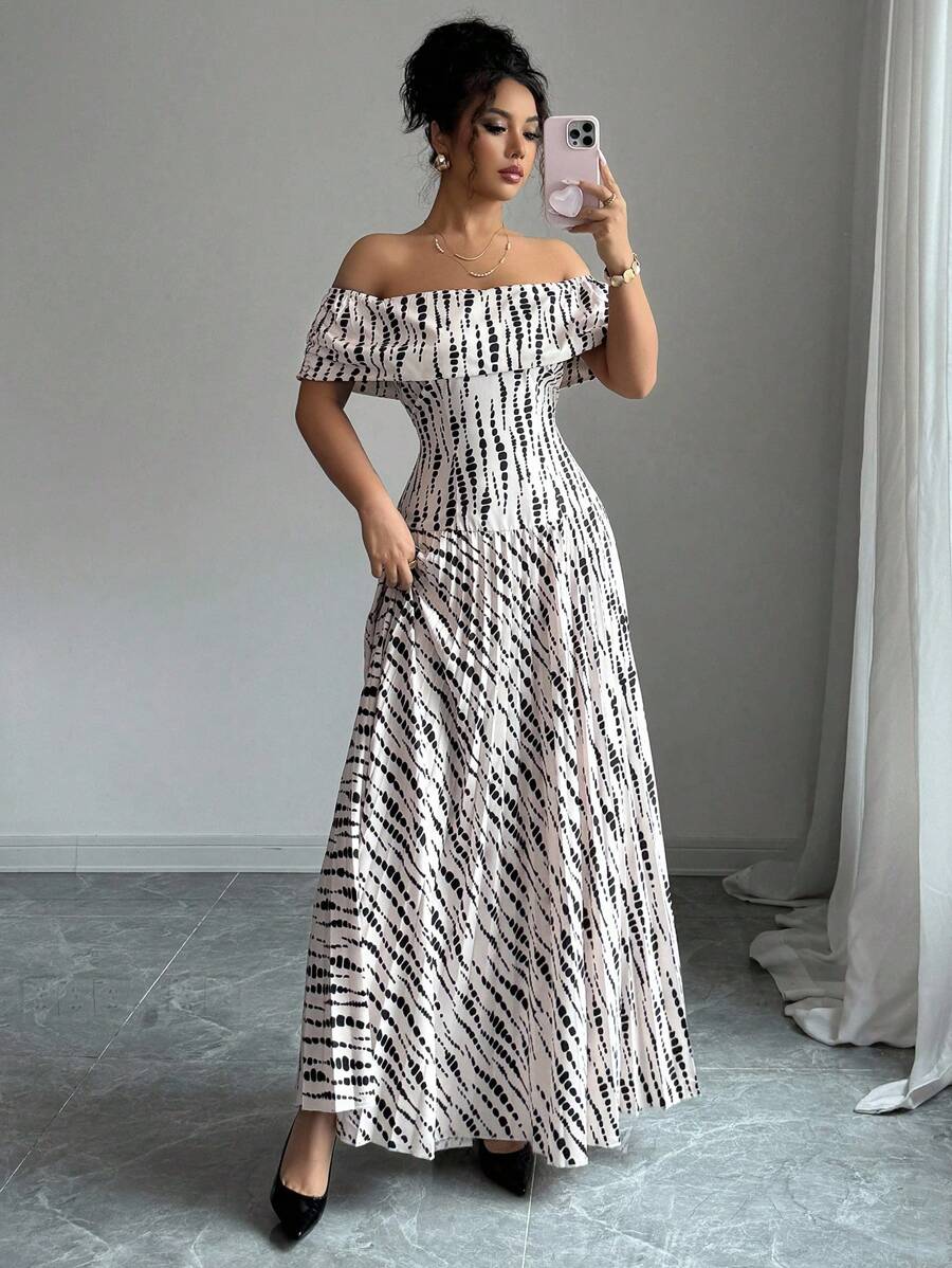 SHEIN Clasi Women's Elegant Off Shoulder Dress With Ruched Hem - Multicolor - View 1